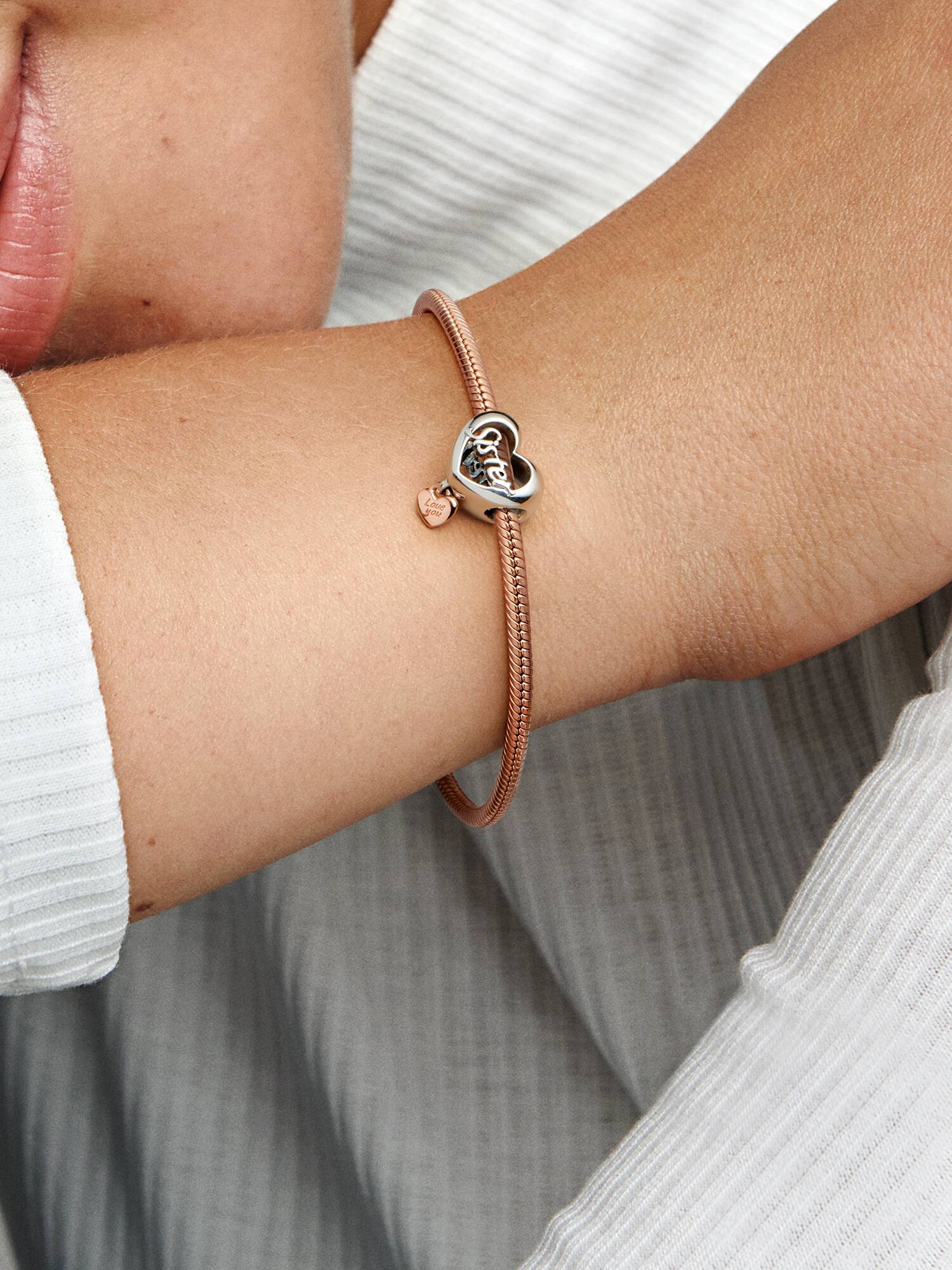 Conta Coração Love You Sister Prata,  Revestimento de ouro rosa 14k