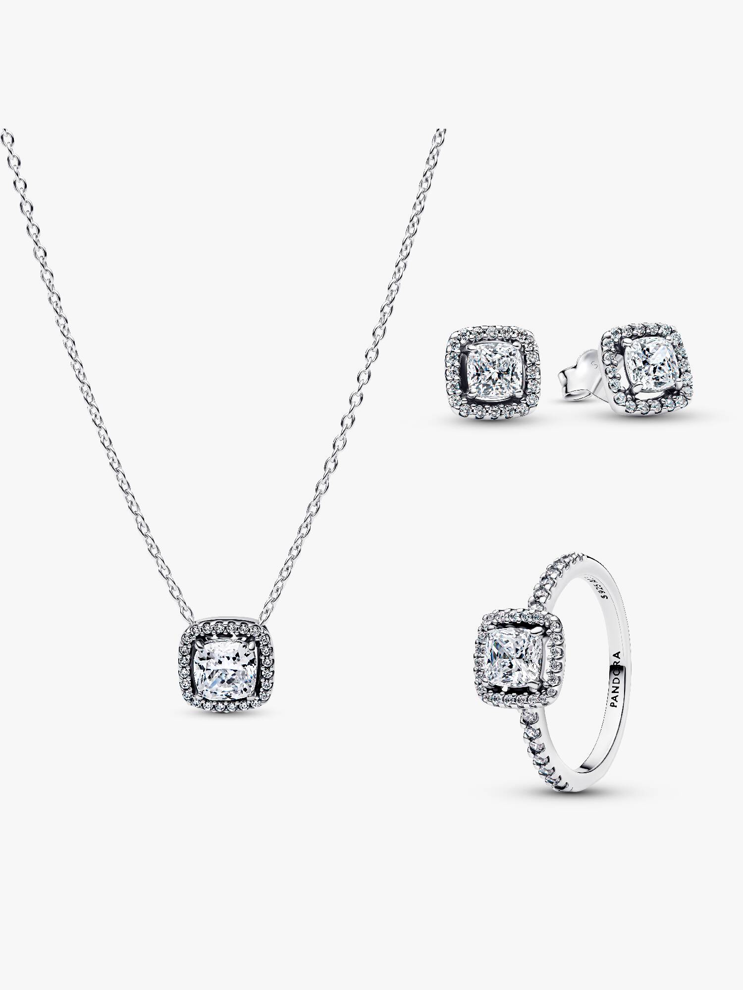 Conjunto de presente Colar, Brincos e Anel Halo Quadrado