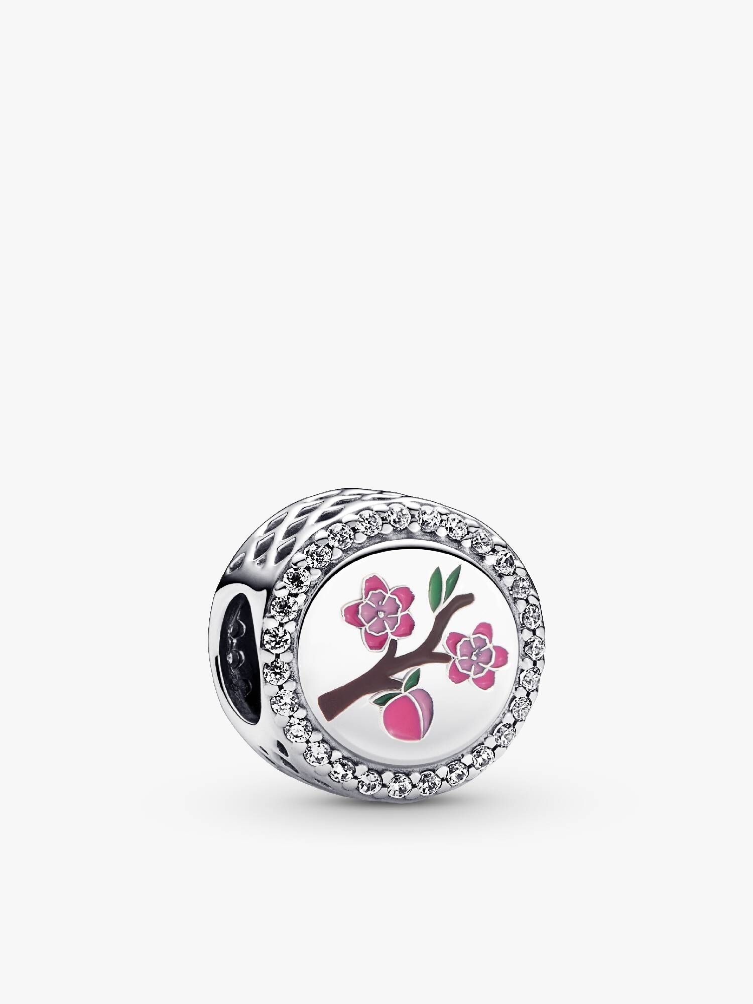 Peach and blossom sterling silver charm with clear cubic zirconia, green, pink and brown enamel