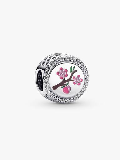 Peach and blossom sterling silver charm with clear cubic zirconia, green, pink and brown enamel