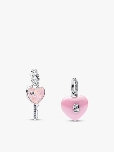 Conjunto de Presente Charms Chave e Cadeado Coração Opalescente
