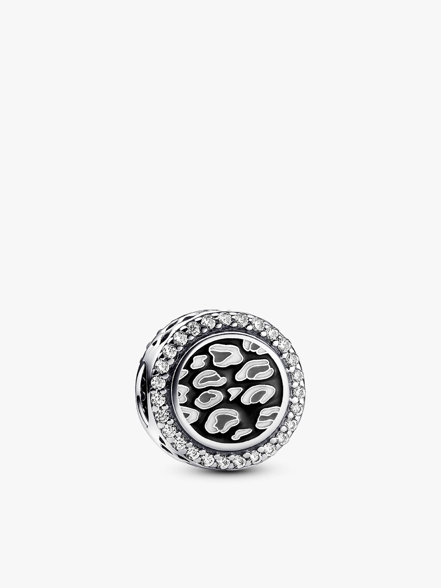 Leopard print sterling silver charm with clear cubic zirconia, grey, black and white enamel