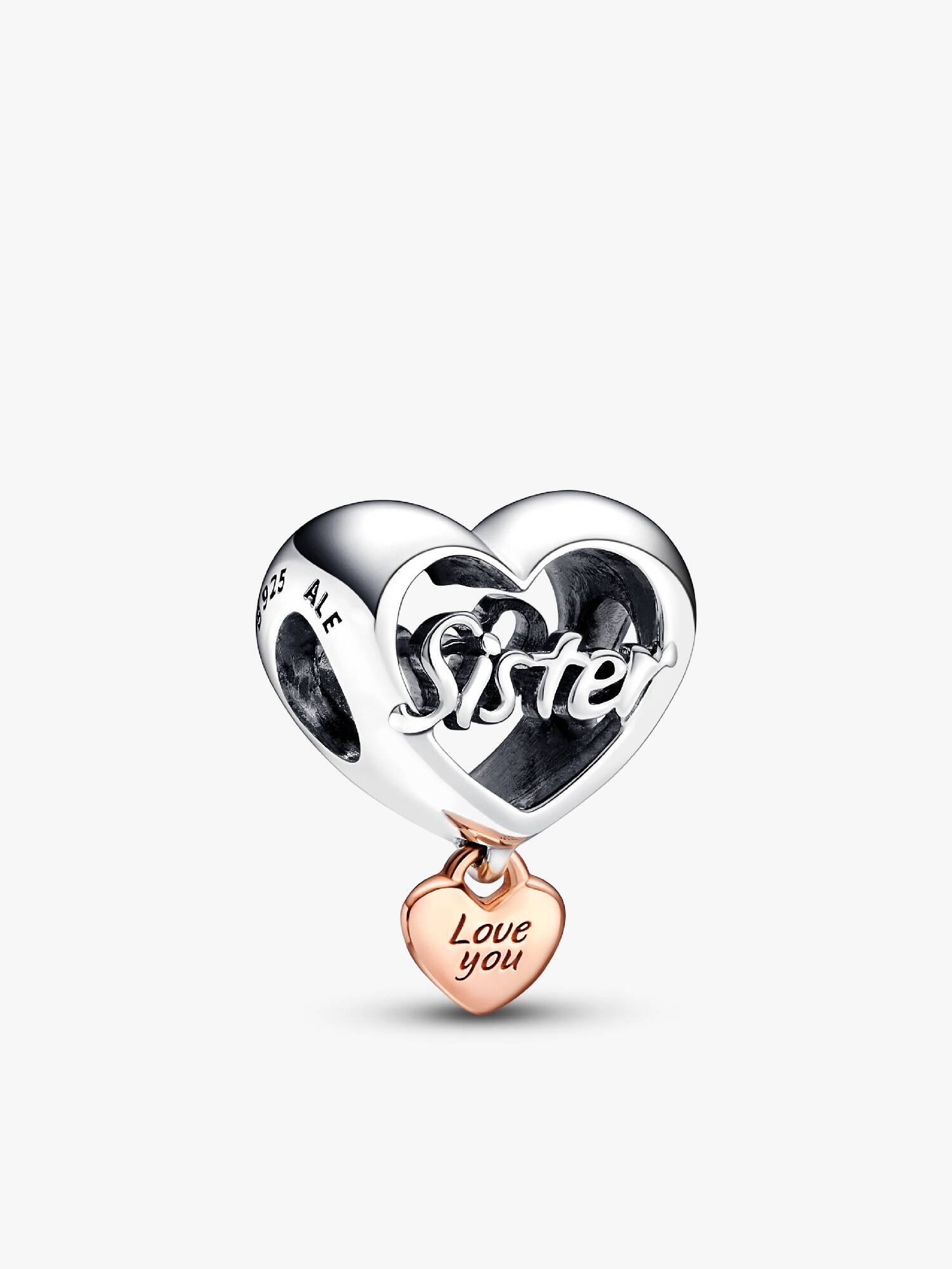 Conta Coração Love You Sister Prata,  Revestimento de ouro rosa 14k