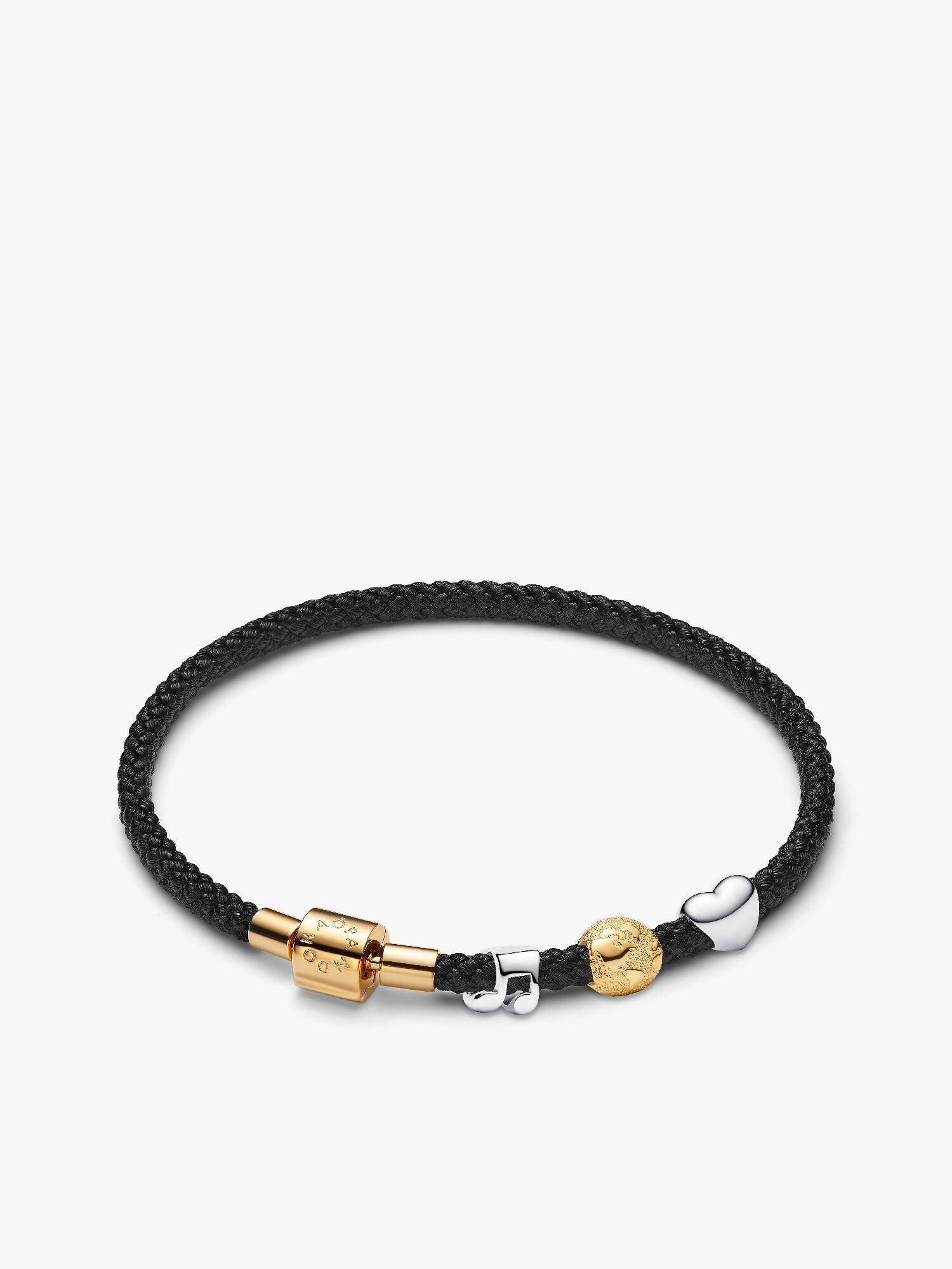 Conjunto de Presente Pulseira Cordão Preto com Mini Charms Coração, Nota Musical e Globo Terrestre