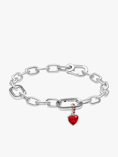 Conjunto de Presente Pulseira de Corrente de Elos Pequenos e Conta Pendente Dupla Coração Vidro Murano Vermelho