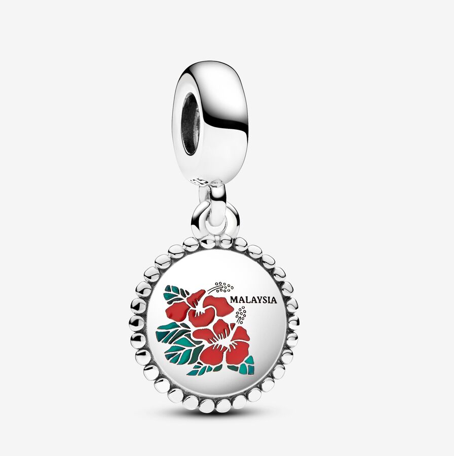 Malaysia flower sterling silver dangle with green and red enamel image number 0