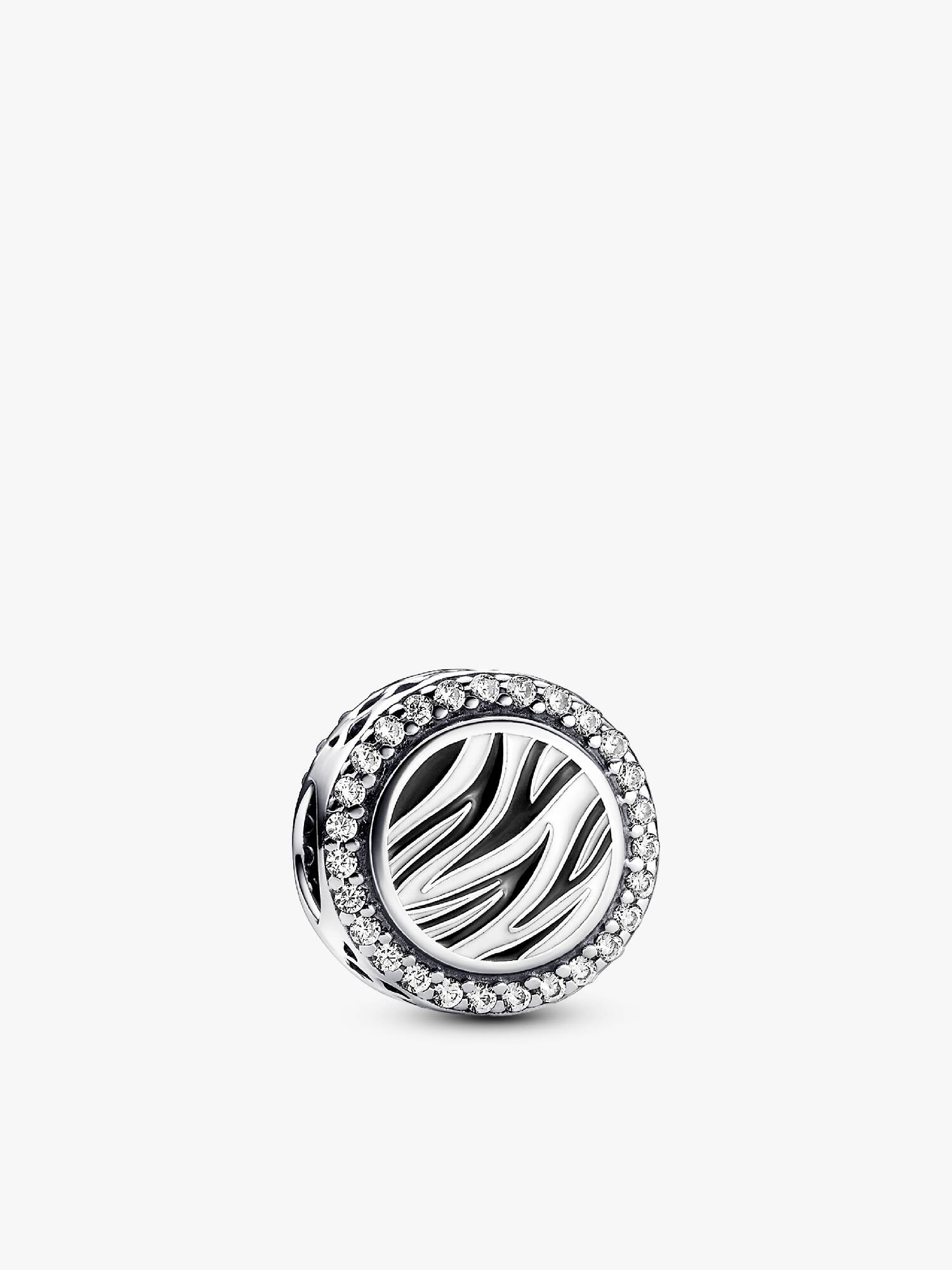 Zebra print sterling silver charm with clear cubic zirconia, white and black enamel