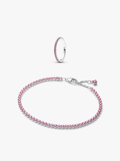 Conjunto de Presente Pulseira e Anel de Ténis Fino Rosa