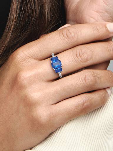 Anel Blue Rectangular Three Stone Sparkling azul