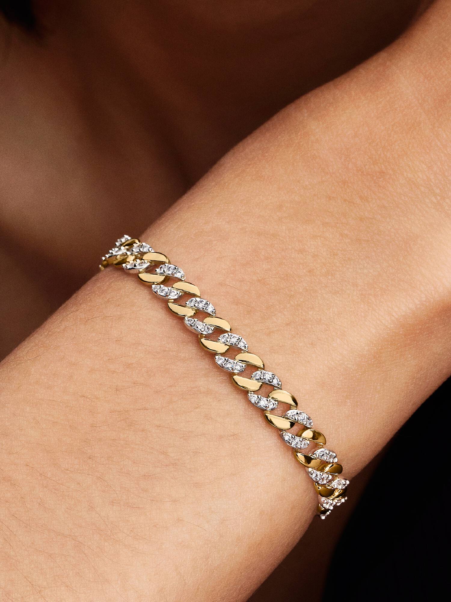 Pulseira de Corrente Cubana Pavé Dois Tons