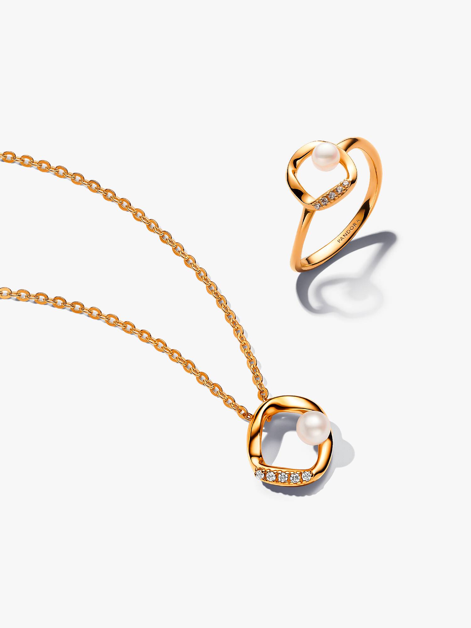 Gift Set de Colar e Anillo Círculo Pavé Forma Orgânica e Pérola Cultivada de Água Doce Tratada