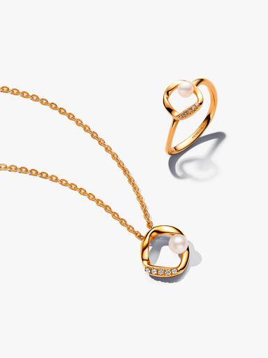 Gift Set de Colar e Anillo Círculo Pavé Forma Orgânica e Pérola Cultivada de Água Doce Tratada