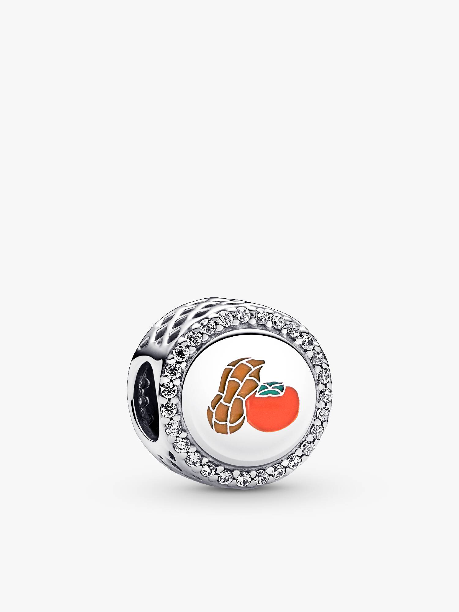 Persimmon and peanut sterling silver charm with clear cubic zirconia, green, orange yam and orange enamel
