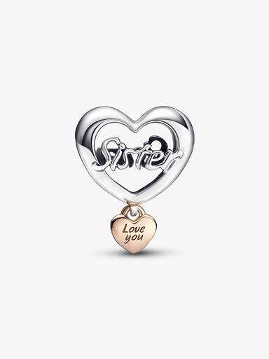 Conta Coração Love You Sister Prata, Revestimento de ouro rosa 14k