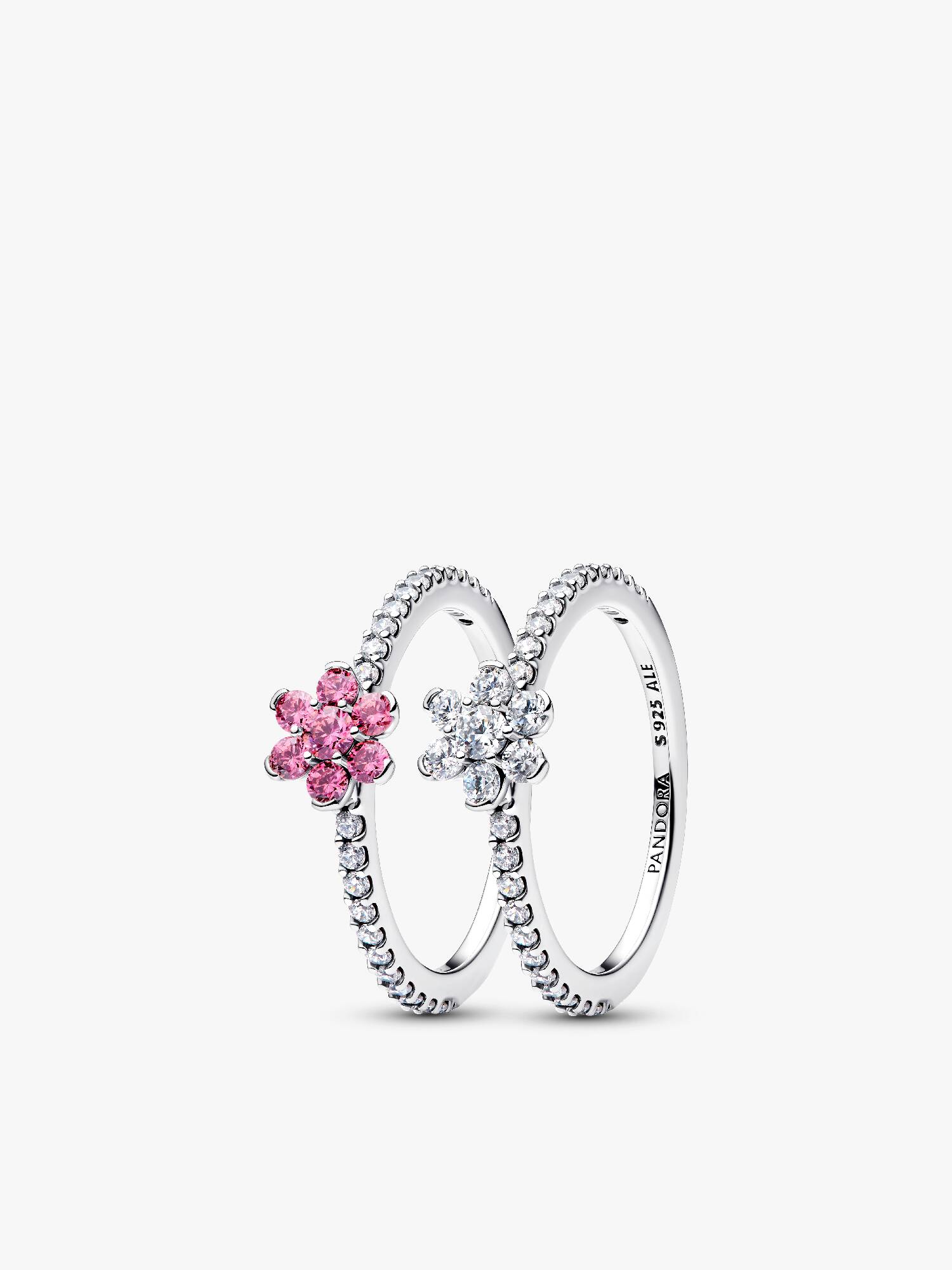 Conjunto de Presente Anéis Flor Brilhante Rosa e Transparente