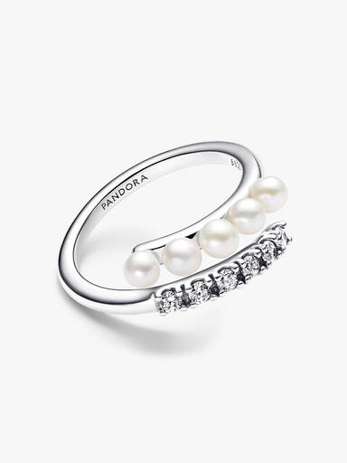 Anel aberto Treated Freshwater Cultured Pearls & Pavé
