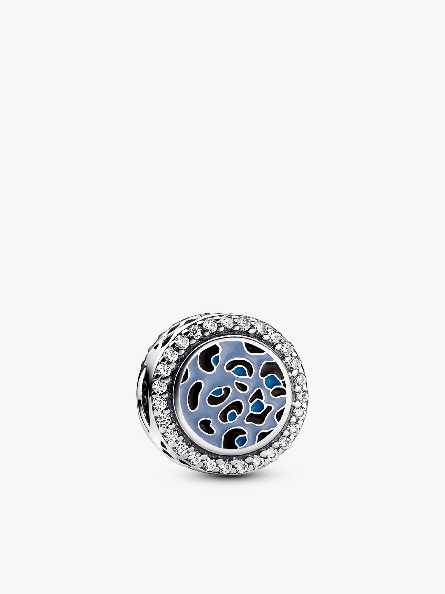 Leopard print sterling silver charm with clear cubic zirconia, pastel blue, sky blue and black enamel