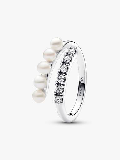 Anel aberto Treated Freshwater Cultured Pearls & Pavé