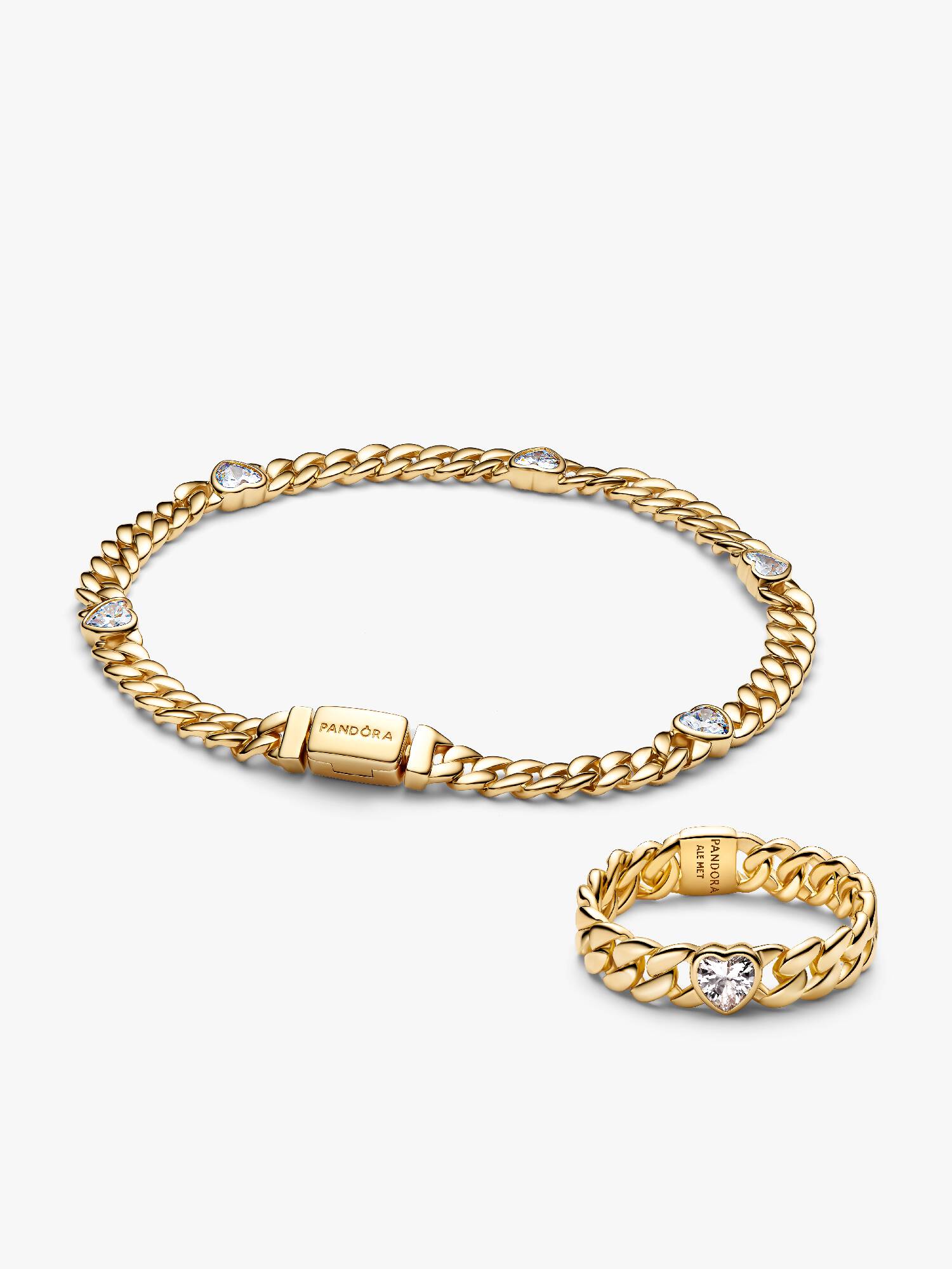 Conjunto Presente Pulseira e Anel Coração Corrente Cubana Dourada