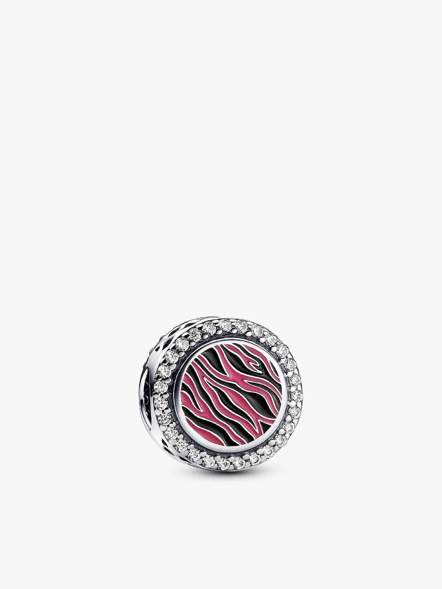 Zebra print sterling silver charm with clear cubic zirconia, pink and black enamel
