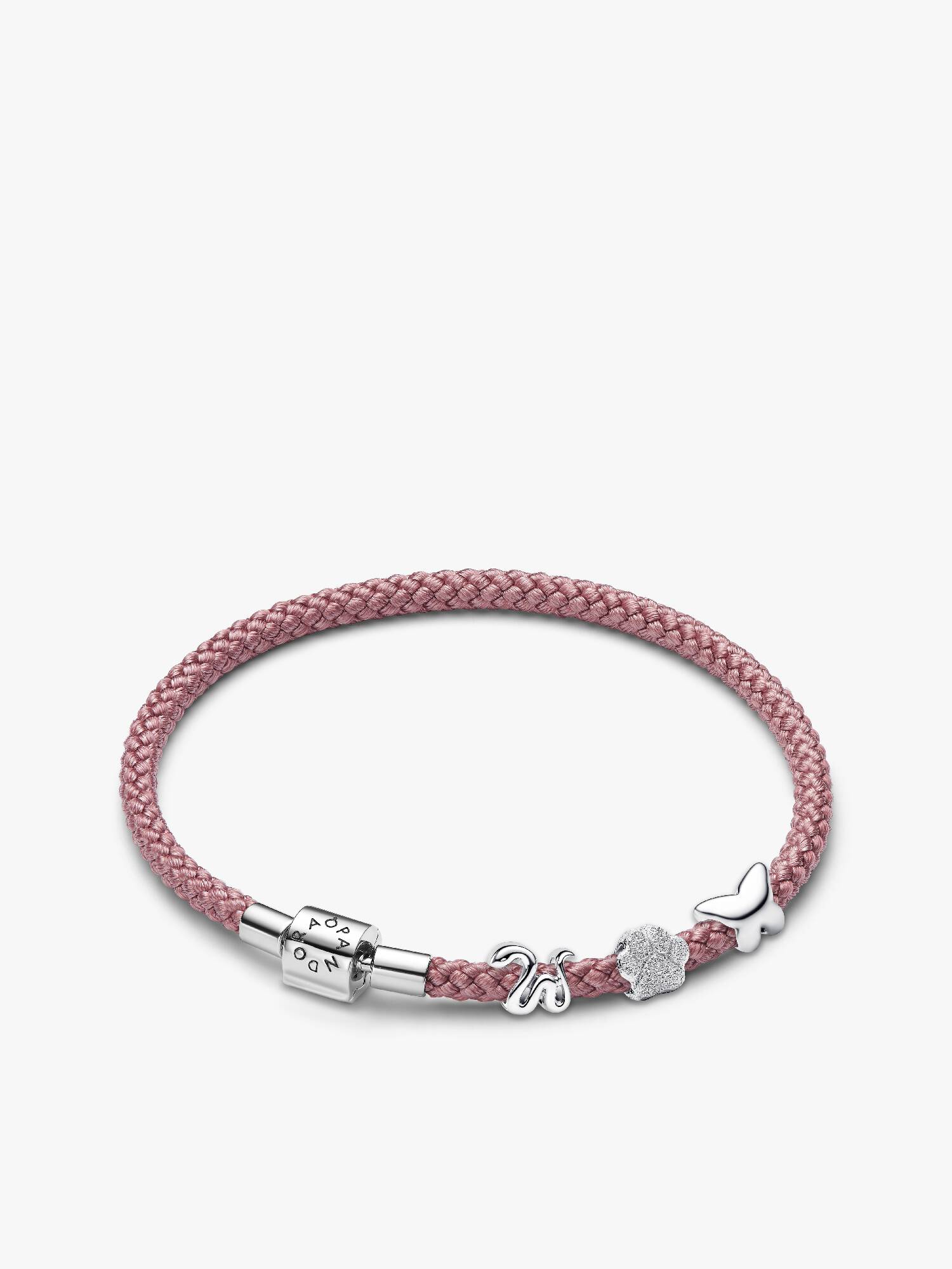 Conjunto de Presente Pulseira Cordão Rosa com Mini Charms Serpente, Pegada Texturizada e Borboleta