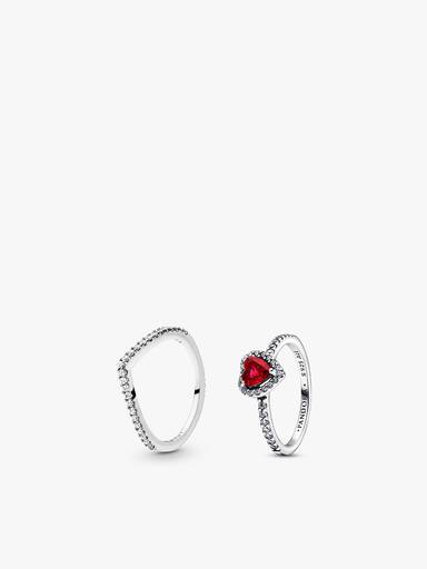 Conjunto de Presente Anéis Wishbone Brilhante e Coração Vermelho Elevado