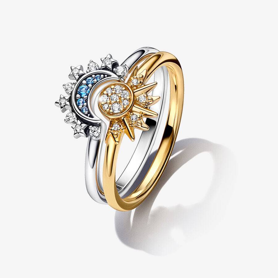 Conjunto Anéis Celestial Sparkling Sun & Moon