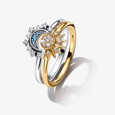 Conjunto Anéis Celestial Sparkling Sun & Moon