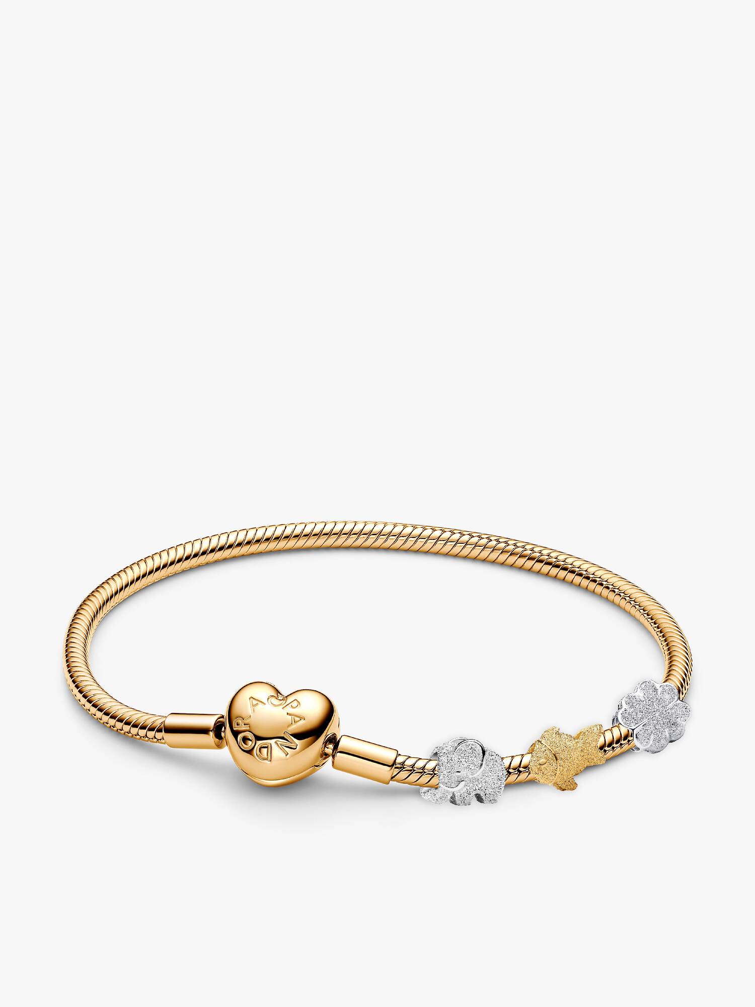 Conjunto Presente Pulseira Dourada com Charms Elefante, Peixe e Trevo