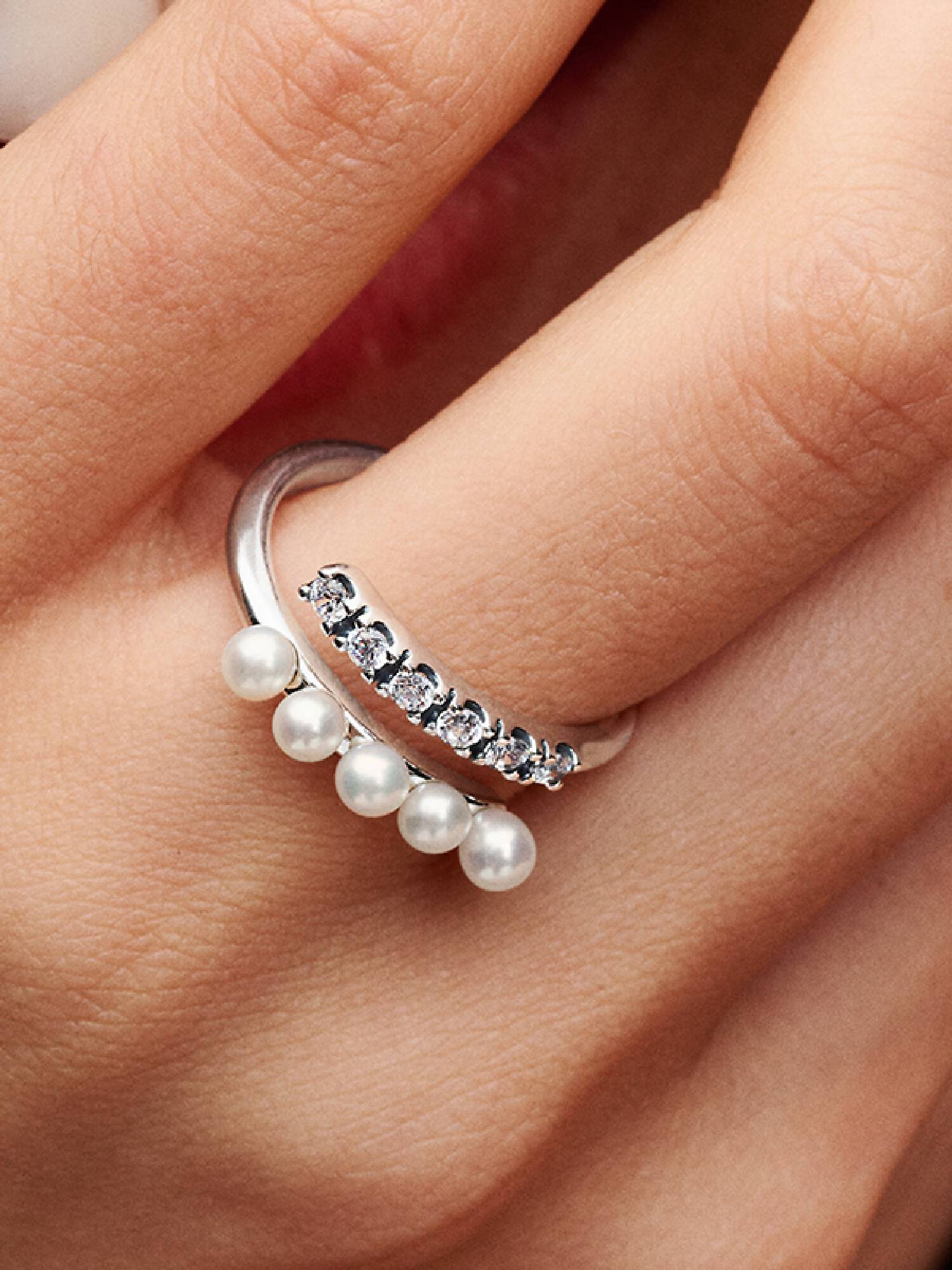 Anel aberto Treated Freshwater Cultured Pearls & Pavé