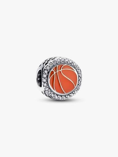 Basketball sterling silver charm with clear cubic zirconia and orange enamel