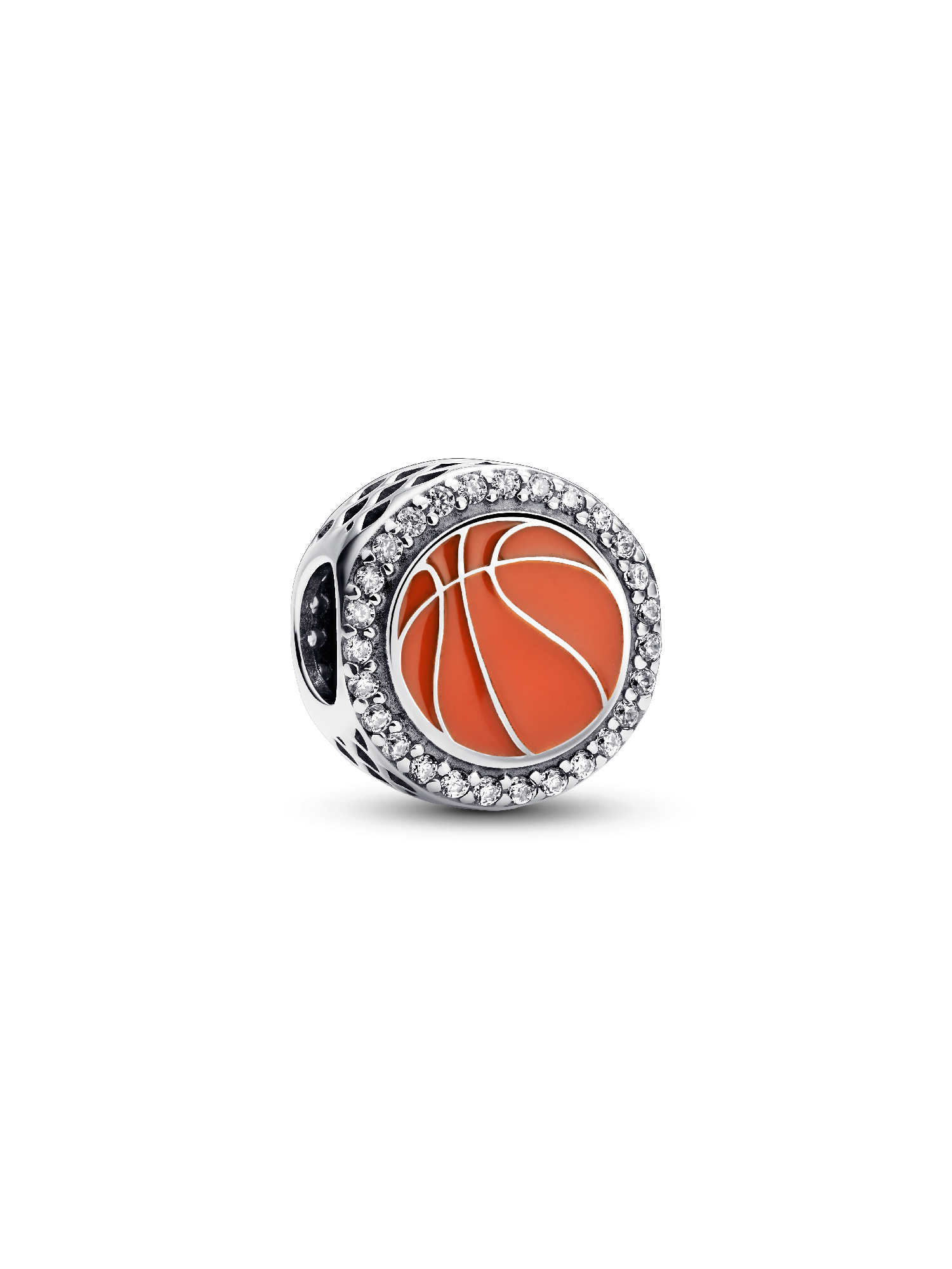 Basketball sterling silver charm with clear cubic zirconia and orange enamel
