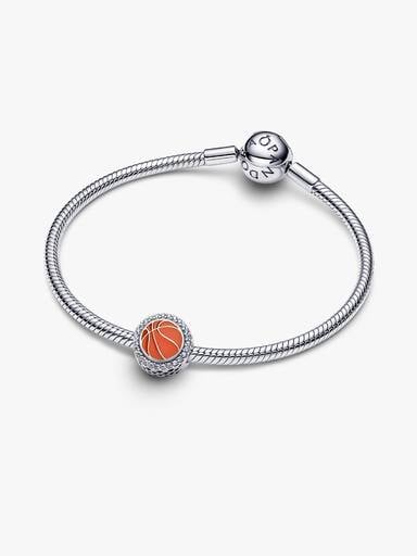 Basketball sterling silver charm with clear cubic zirconia and orange enamel