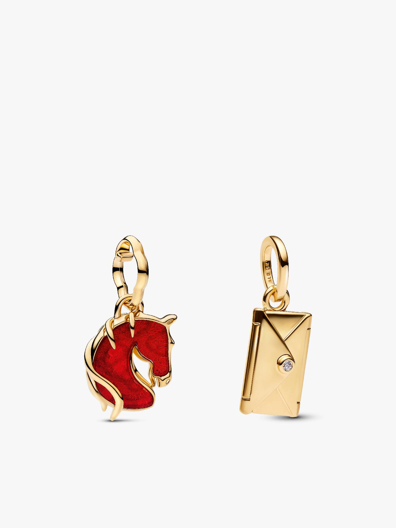 Conjunto de Presente Charms Cavalo Cristal de Murano Vermelho Fogo e Envelope Gravável