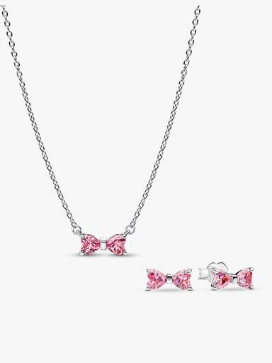 Conjunto de presente Colar e Brincos Laço Rosa Brilhante